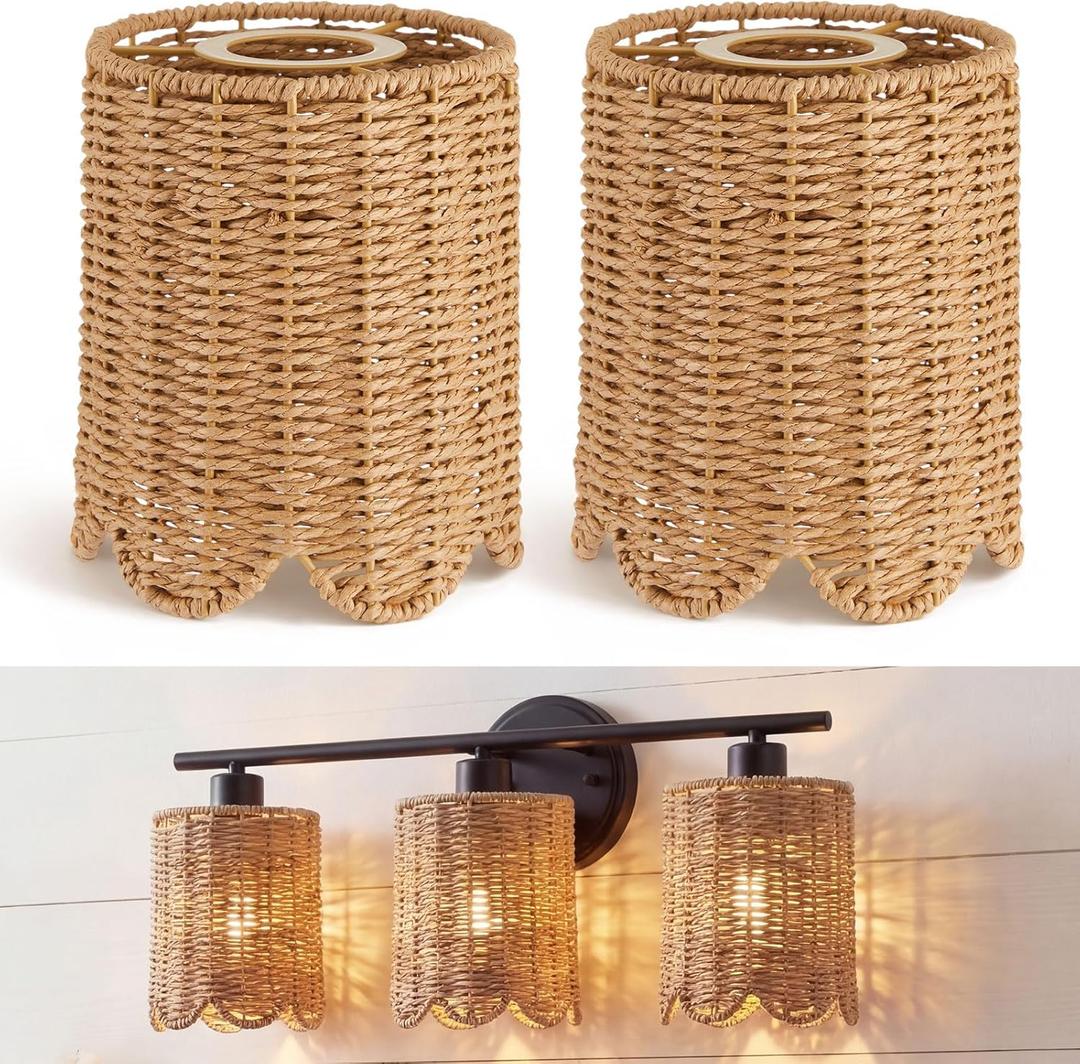 2 Pcs Rattan Lamp Shade Small Scalloped Lampshade with E14 Adapter Ring Drum Lamp Shade E26 E27 5.9 x 4.8 in Lampshade Light Cover Chandelier Floor(Woven,Natural,Paper Rope)