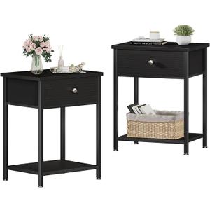 Black Nightstand Set of 2,Night Stand Set 2 with Drawers,Small Nightstand with Storage Bedside Table for Bedroom, Dorm, Modern End Table