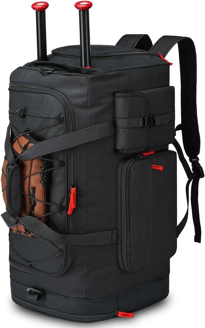 TUGUAN Large Capacity Baseball & Softball Duffle Bag with Shoe Compartment - Portable Bat Backpack for Adults, Coaches, and Teams 65L Storage for Catcher Gear & Equipment (Black)