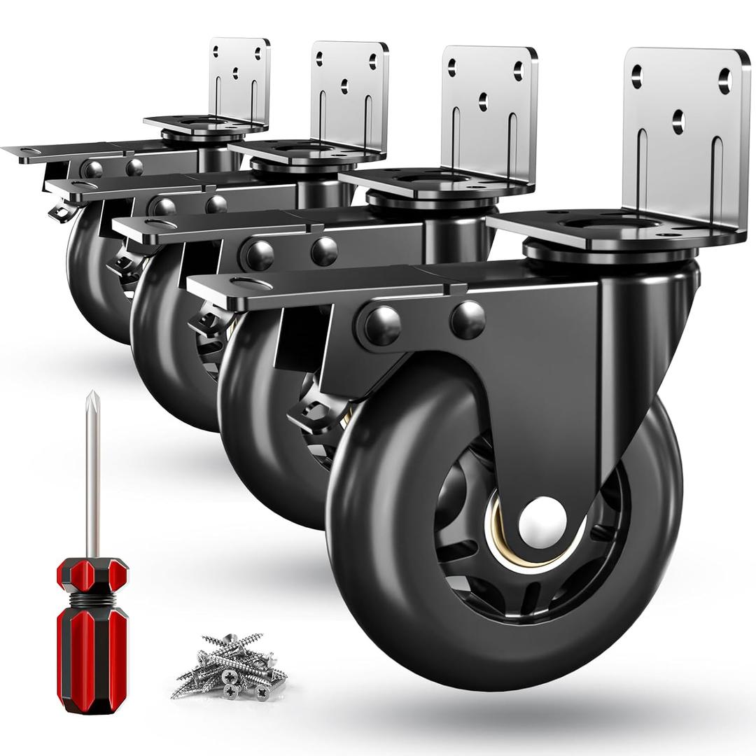 Side Mount Plate Caster Wheels - Thickened L-Shaped Mounting Heavy Duty 1600 LBSSet of 4 with Brake360 SwivelLockingCastor Wheels for FurnitureCartsCabinetTable (Black, 4inches)