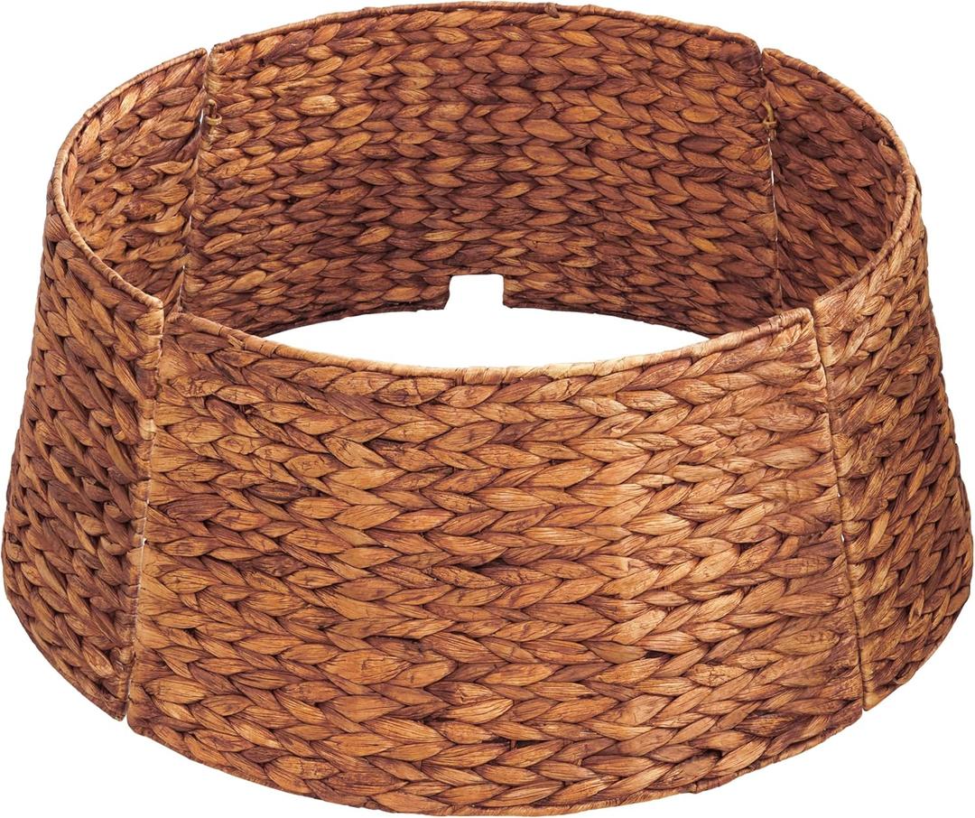 Handmade Water Hyacinth Christmas Tree Collar 24" – Rustic Basketweave Tree Base Cover, Eco-Friendly Skirt Alternative with Cord Cut-Out (Brown)