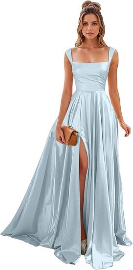 Women's 2025 Satin Dress Elegant Deep V Neck Flutter Sleeve A-Line Gown Cocktail Party Maxi Dresses LightBlue S