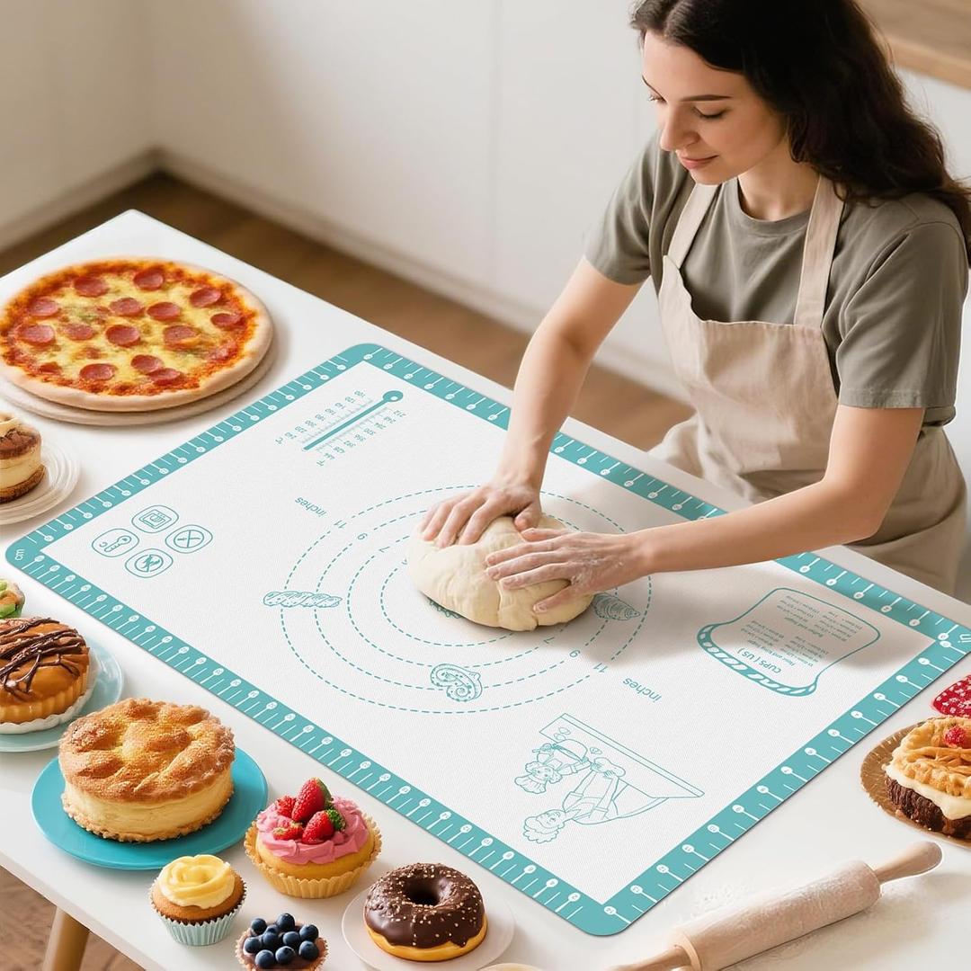 Non Stick Pastry Mat with 10 Quick Recipes, Silicone Dough Mat for Rolling, Silicone Mat for Baking Macaron, Cookie, Bread, Pizza,Surdough, Fondant Mat for Kitchen, Extra Large and Oven Safe (Mint)