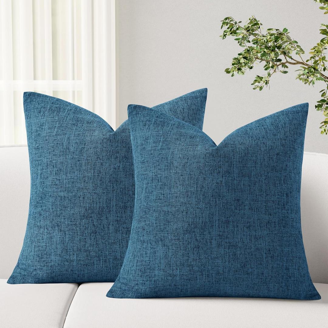 Hiasan Pack of 2 Decorative Textured Linen Throw Pillow Covers Soft Accent Solid Cushion Covers Boho Farmhouse Pillow Cases for Couch Sofa Bedroom Living Room Home Decor, 20 x 20 Inches, Navy Blue