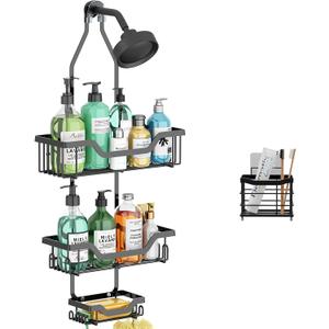 Hanging Shower Caddy Over Shower Head for Shampoo, Bathroom Organizer with 12 Hooks for Towels, Sponge, Razor, Rustproof Shower Storage Shelf Racks, 1 Soap Holder 1 Toothpaste Holder - Black 3-Tier