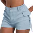 ELLEVEN Cargo Shorts Women Y2K Mini Summer Shorts with Pockets High Stretch Elastic Waist Cotton Casual Hiking Short Skinny Sexy Hot Streetwear Trendy Light Blue Medium (Blue, M)
