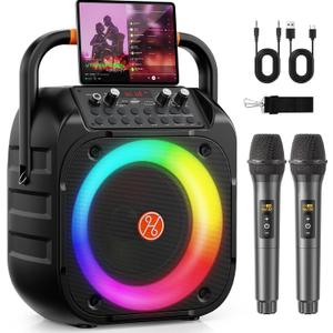 HUALIAN Karaoke Machine for Adults, Portable Bluetooth Karaoke with 2 Wireless Microphones, Echo Adjustment, LED Lights, PA System Karaoke Speaker Support TV/REC/AUX/USB/TF Card (6.5"Subwoofer Black)