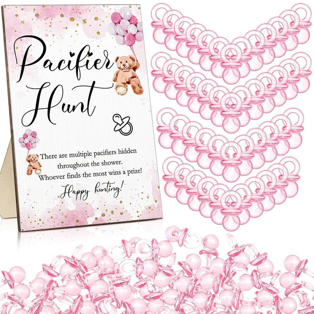 Roowest 51 Pcs Pacifier Hunt BabyShower Games Include Wooden Hunt Sign and 50 Acrylic Mini Plastic Pacifiers for BabyShower Game Decoration Gift Sets Gender Reveal Party(Bear,Pink)