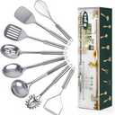 8 Pcs Cooking Utensils Set, Stainless Steel Kitchen Utensils, Heat Resistant Metal Kitchen Tools Include Solid & Slotted Spatula, Serving Spoon, Ladle, Pasta Server, Potato Masher, Egg Whisk, Silver