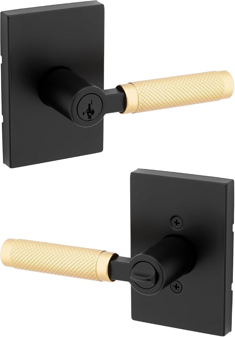 Kwikset Prava Entry Door Handle with Lock and Key, Secure Keyed Reversible Lever Exterior, for Front Entrance and Bedrooms, Matte Black and Satin Brass, Pick Resistant Smartkey Security and Microban