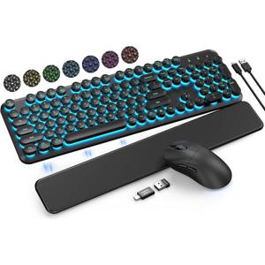 Wireless Keyboard and Mouse Backlit  Typewriter Keyboard with Magnetic Wrist Rest, Retro Round Keycaps, Light Up Letters, 2.4GHz Cordless Combo for Mac, Windows, PC, Laptop, Trueque [Upgraded]