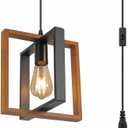 Plug in Pendant Light with 16.4ft Cord, Farmhouse Hanging Light Fixture with On/Off Switch, Modern Industrial Wood & Metal Cage Swag Lamp, No Wiring Needed for Kitchen Island Bedroom Entryway