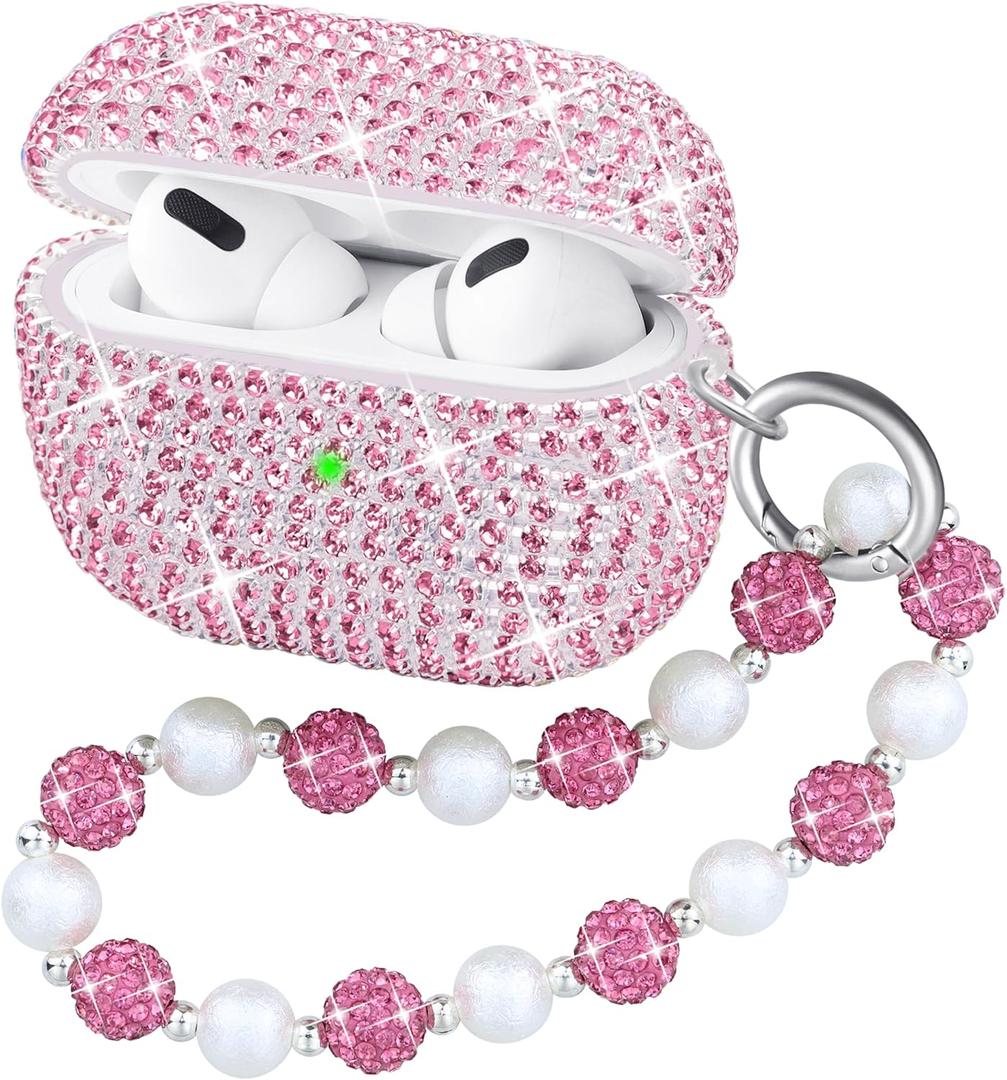 Compatible with AirPods Pro 2 Case Protective Glitter Cute Case for AirPod Pro 2nd Gen with Luxury Shining Keychain Lanyard Strap for Women Girls (Pink)