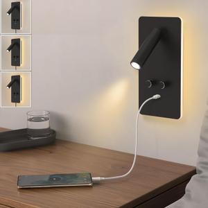 M04 Dimmable Wall Mount Reading Light,Adjustable 0.9-3.7W LED Wall Mounted Reading Lamp with Adjustable 1.2-6W Backlight,Wall Sconces with USB Port,Wall Lamps for Bedroom(Black)