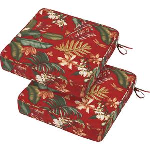 19x19x3 Inch Outdoor Square Corner Chair Cushions with Ties Set of 2, Water & Fade Resistant Thick Seat Cushion Pads for Garden Patio Dining Porch Furniture - Red Floral
