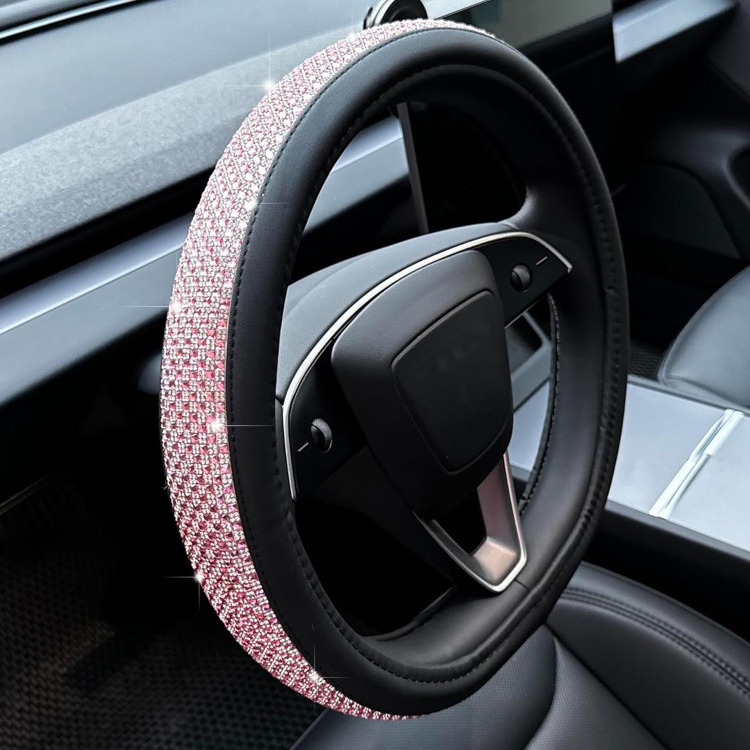 PINCTROT Bling Comfy Steering Wheel Cover for Tesla Model Y/3 Highland/Juniper, D Shaped 14 Inch Small Sized with Jumbo Crystal Rhinestones, Flat Bottom with Anti-Slip Diamond Leather (Pink)