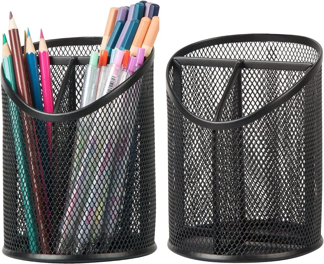 2 Pack Pen Holder Mesh Round Pencil Holder Desktop Organizer 3 Compartments, Black