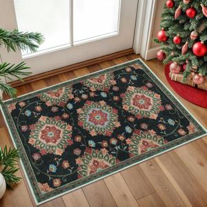 Modern Floral Entryway Rug 2x3 Black Green Small Area Rug Kitchen Rug Non-Slip Washable Ultra Thin Soft Print Flower Low-Pile Indoor Door Mat Floor Carpet for Entrance Bedroom Bathroom