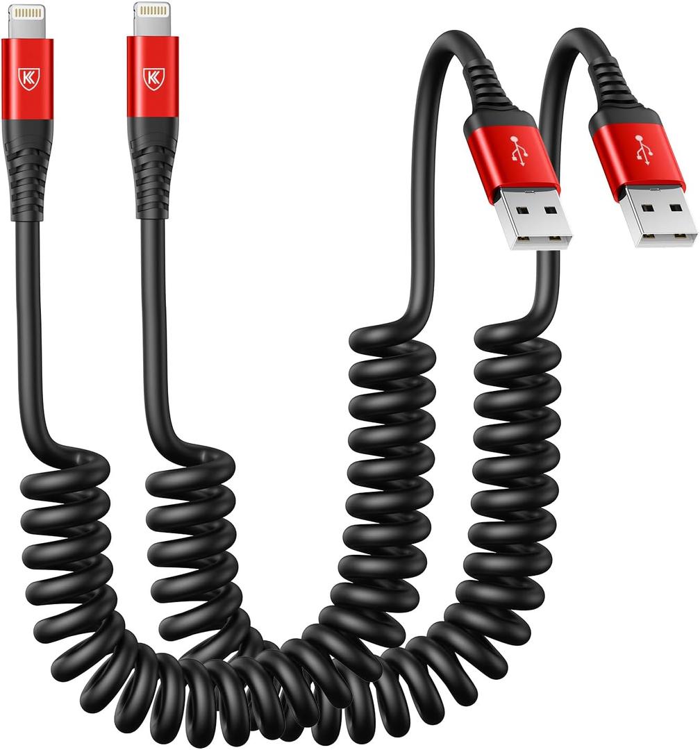 2 Pack Coiled Lightning Cable 3ft, iPhone Charger Cable for Car, [Apple MFi Certified] Lightning Cord Compatible with iPhone 14/13/12/11 Pro Max/XS MAX/XR/XS/X/8/7/Plus/6S iPad/iPod - Red (3FT, Red)