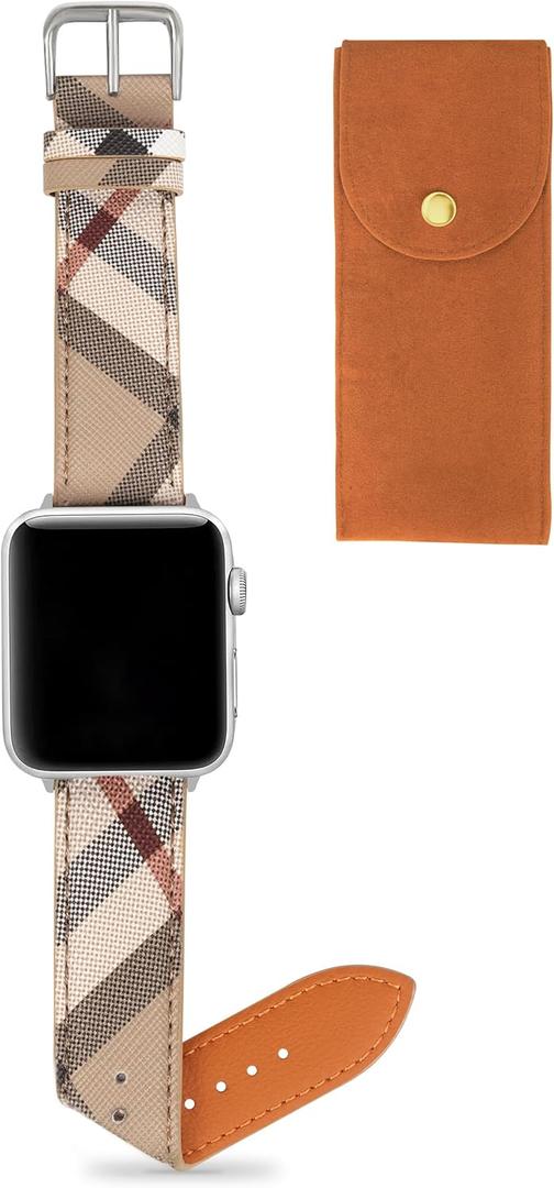 Designer Watch Band for Women Compatible with Apple Watch Bands 41mm 40mm 38mm, Luxury Leather Classic Beige Plaid Watch Band Compatible for iWatch Series 11(42mm)/10(42mm)/9/8/7/6/5/4/3/2/1/SE