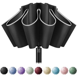 Yoobure Inverted Windproof Travel Umbrella - Automatic Umbrellas for Rain, Compact Folding with Reflective Stripe, Portable Large for Backpack, Lightweight with Sun UV Protection (Black)