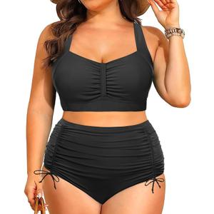Plus Size High Waisted Bikini - Women Two Piece Swimsuits Tummy Control Bathing Suits with Drawstring Ruched Bottom 2025 Black XL