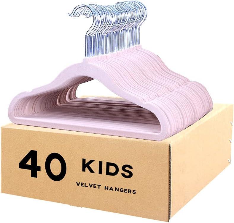 Veeyidd Kids Velvet Clothes Hangers, Non Slip Baby Hangers Pink (11.6" Inch 40 Pack)