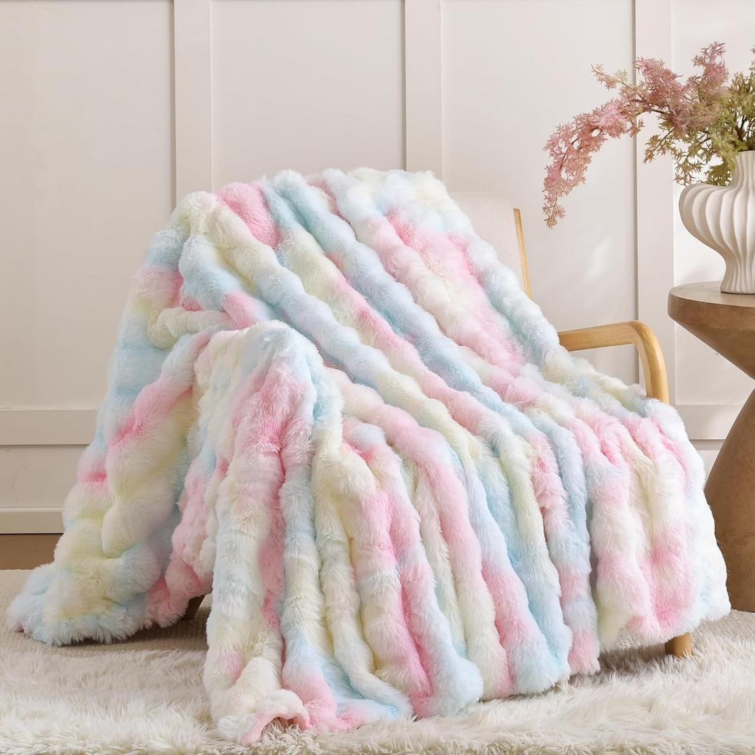 Smoofy Faux Fur Throw Blanket for Couch  Rainbow Fluffy Cozy Rabbit Fleece, Plush Soft Bubble Blanket for Sofa & Bed, for Mom, Warm Fuzzy Home Room Decor Throw 50" x 60"