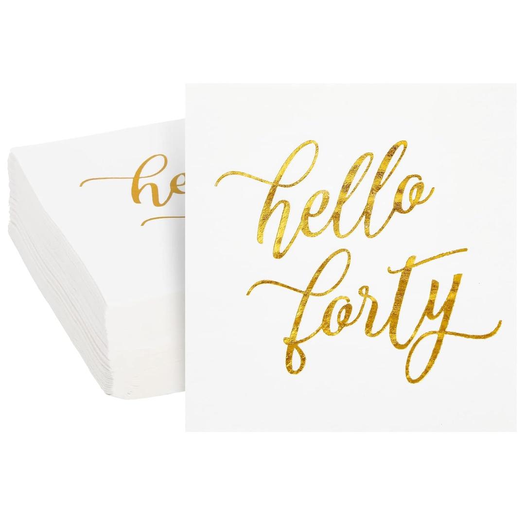 BLUE PANDA 40th Birthday Napkins - 50-Pack, 5 x 5 In Folded, White with Gold Foil Hello Forty Script - 3-Ply Absorbent Disposable Cocktail Napkins for Women & Men