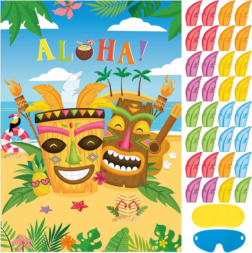 11 x Hooqict Hawaiian Luau Party Games for Kids Birthday Pin The Feather on The Tiki for Summer Tropical Hawaiian Luau Party Decorations, Large Pin The Tail Games Poster with 32 Stickers