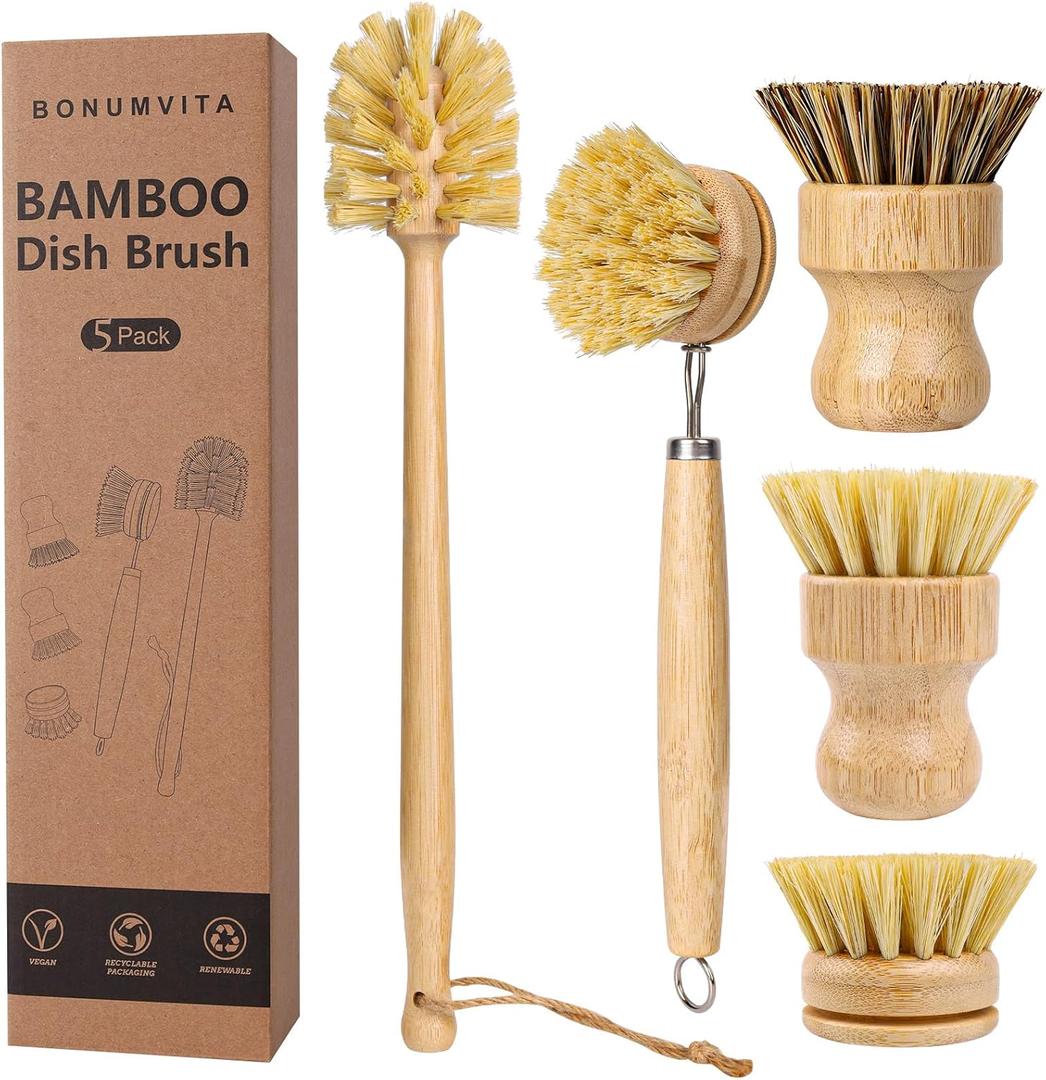 5 Pack Bamboo Dish Brush Set, Wooden Dish Brush with 14 Bottle Brush, Natural Kitchen Scrub Brush for Dishes Pots, Pans, Sinks, Woks, Vegetables