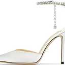 BlingQueen Women's Heeled Sandals Crystal Chain Rhinestone Embellished Strap Pumps Pointy Stilettos Backless Wedding Dressy Bridal Shoes 6.5, White 