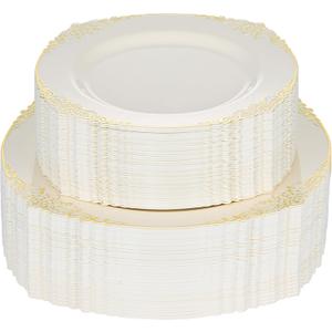 Bestluck 200 PCS Ivory and Gold Plastic Plates for 100 Guests, Gold Disposable Plates Include 100 PCS Dinner Plates, 100 PCS Dessert Plates for Party, Wedding and Graduation (200, Ivory White)