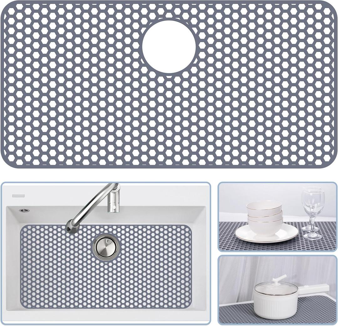 Silicone Sink Protectors for Kitchen Sink with Rear Drain - 28.3"x 15.7" Kitchen Protector Accessory, Non-Slip Heat Resistan Mat for Bottom of Farmhouse Stainless Steel Porcelain(Rear Hole) (Gray(1 Pack))