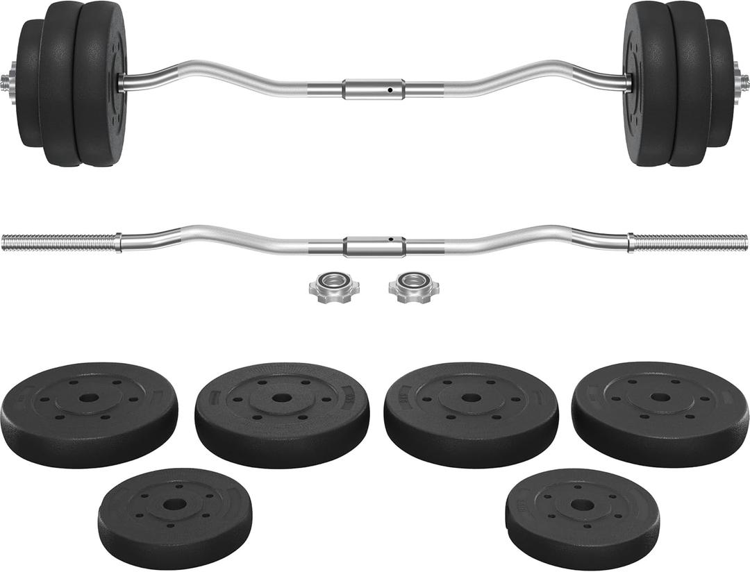 Yaheetech Barbell Set - Olympic Curl Bar & Weights (66LB, 55LB, 44LB) with Chrome Finish & Black Color
