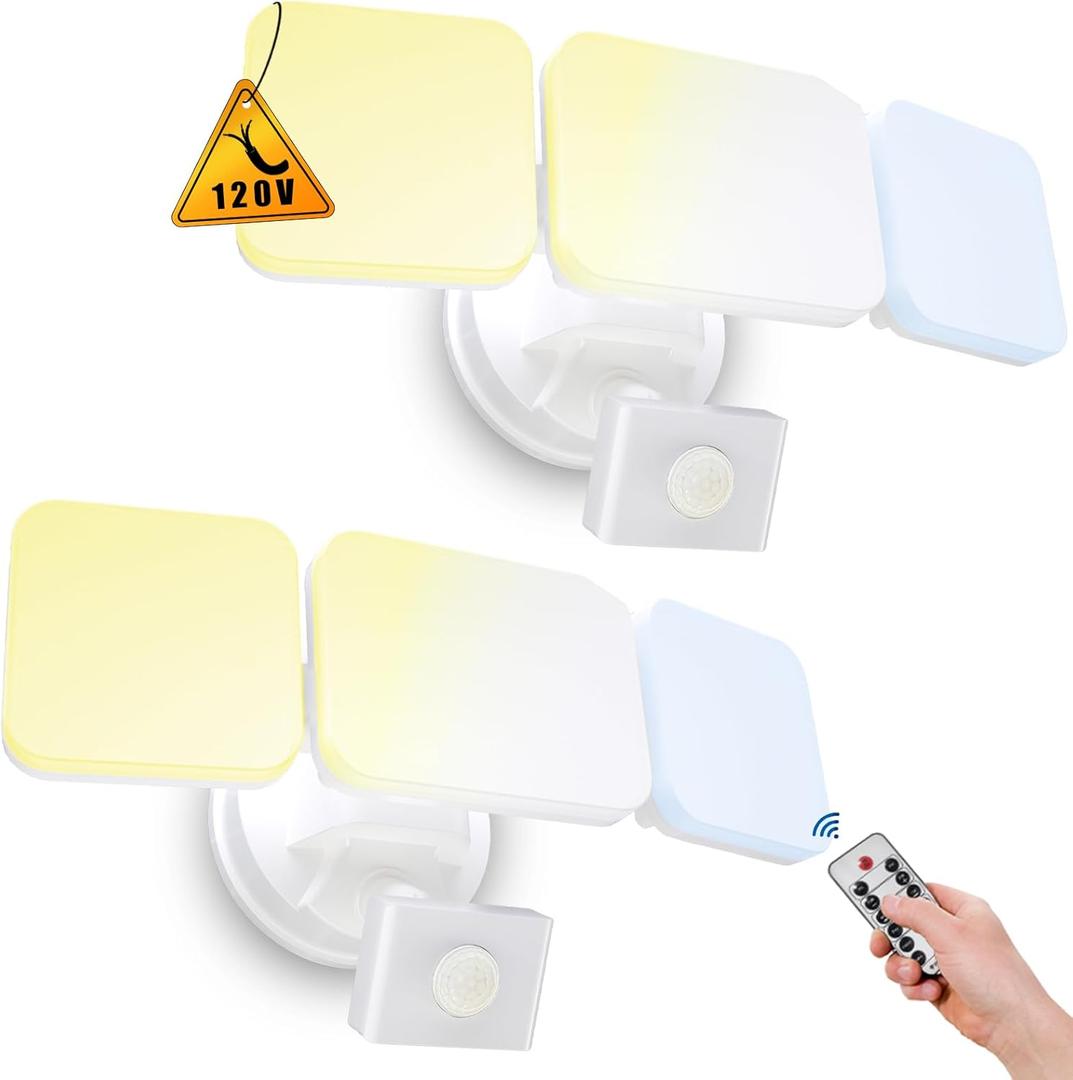 EMANER Outdoor Security Floodlight Waterproof, Remote Control, Motion Sensor or Stay On, Brightness Adjustable, Tunable White, 280W Equiv. 120V Motion Light for Yard Patio Porch (White, 2Pack)