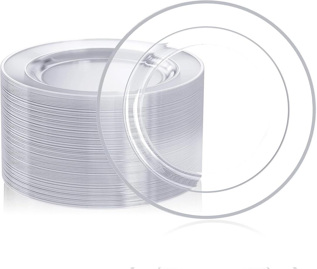 FOCUSLINE 100 Clear Silver Plastic Plates 10 Inch, Disposable Clear Plates with Silver Rim, Premium Hard Plastic Plate Fancy Disposable Dinner Plate for Wedding Parties