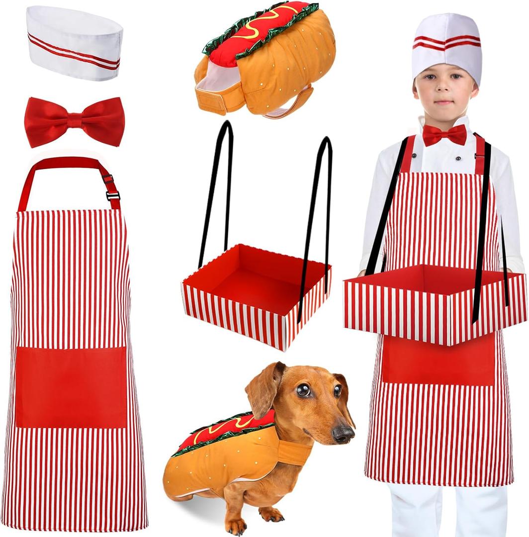 5 Pcs Kids Waiter Costume with Hot Dog Pet Costume, Popcorn Soda Jerk Christmas 50s Circus Party Cosplay (Small)