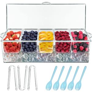 INNOVATIVE LIFE Bar Serving Tray on Ice with 5 Compartments Container, Fruit Trays for Serving, Garnish Platters with Lid, Clear