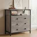 Edbuosy 3 Wooden Drawers Night Stand, 27 Inch Wide Nightstand with Charging Station and Adjustable Drawers, Small Dresser for Closet, Bedside Table for Living Room/Bedroom/Office, Gray.