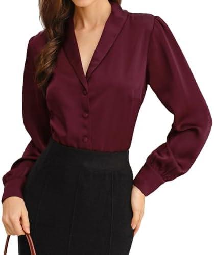 RIHOAS Women's Satin V-Neck Long Sleeve Button Down Shirt - Business Casual Dressy Blouse for Summer Fall Work & Daily Wear, Size M, Wine Red
