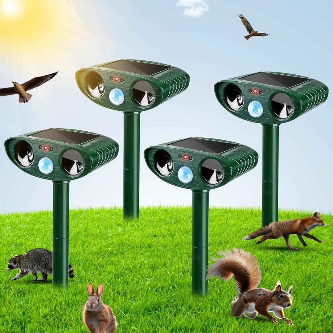 4 Pack Solar Ultrasonic Animal Repellent Outdoor Deer Repellent Devices Cat Repeller Raccoon Deer Deterrent for Squirrel, Rabbit, Dog, Waterproof with Motion Detector for Yard
