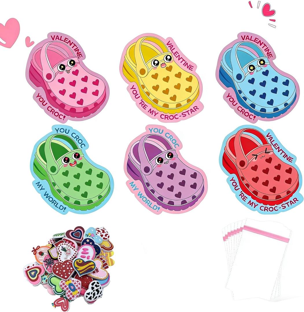 2 x Valentines Day Cards for Kids School - Valentines Gifts for Kids - 30 Valentine Cards with Shoe Charms Bulk40 - Funny Valentine Exchange Card for Boys Girls Toddler Class Classroom Gift Party Favors