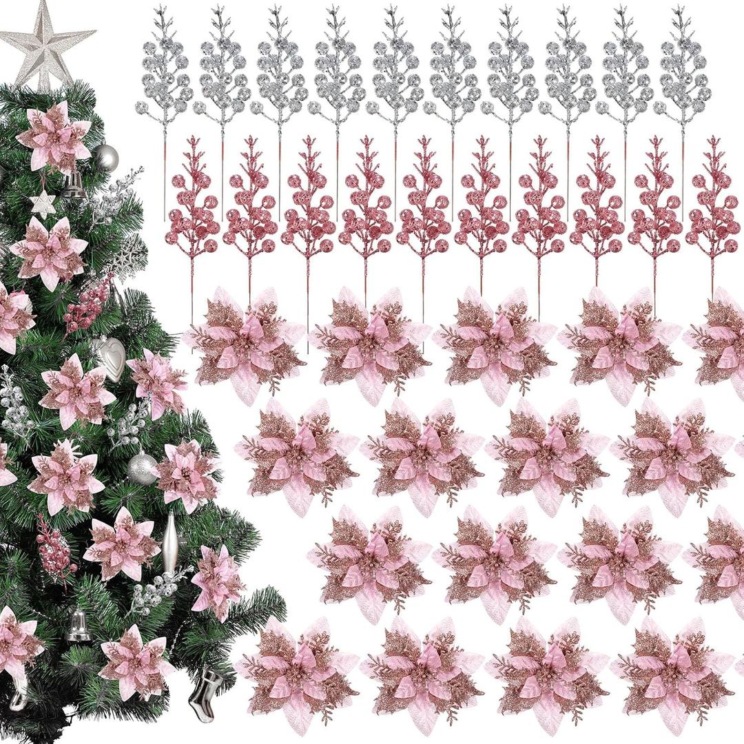 60 Pcs Christmas Glitter Poinsettia Flowers Set 20 Christmas Artificial Poinsettia 40 Berries Stems Berry Picks, Xmas Tree Flowers Decorations Ornaments(Pink,Silver)