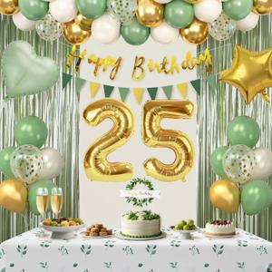 Sage Green 25th Birthday Decorations for Women, Happy 25th Birthday Decorations for Her, Green Gold Balloons, Foil Balloons, Happy Birthday Banner, Olive Neutral Birthday Party Supplies