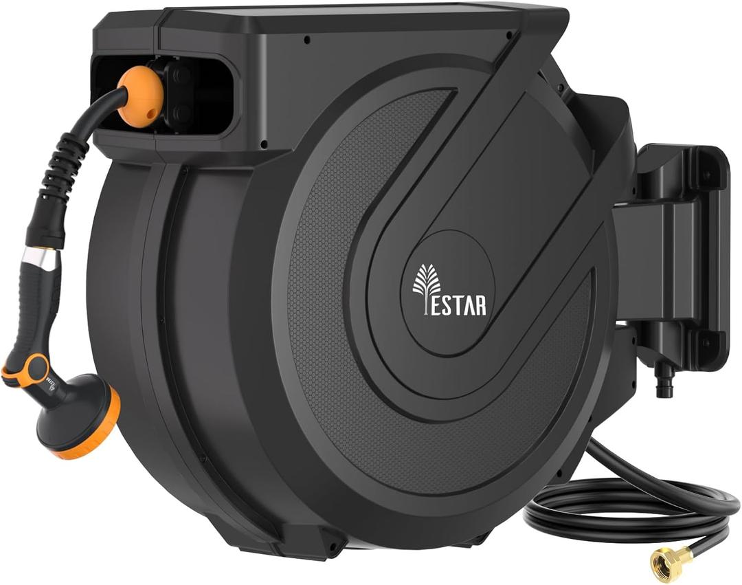 Retractable Garden Hose Reel 5/8 in x100 ft, Heavy Duty Wall Mounted Hose Reel with 10- Function Sprayer Nozzle, Any Length Lock/Automatic Slow Return System,180 Swivel Bracket