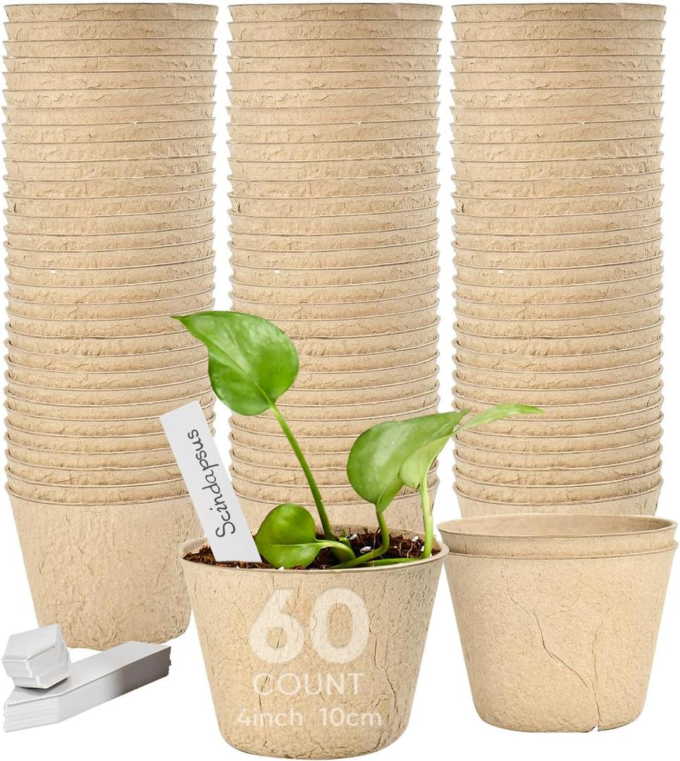 4 Peat Pots with 60Pcs Plant Labels, Biodegradable Pots for Seedlings with Drainage Holes, Garden Plant Nursery Pots Seed Starting Trays