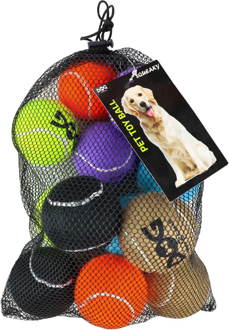 Squeaky Tennis Balls for Dogs - 12 Pack 2.5'' Durable Non-Toxic Outdoor Dog Toys Balls with Mesh Bag, SGS Certified, Colorful Fetch Toys, Medium Large Breeds (Squeaky - 6 Colors)
