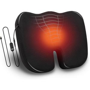 Mind Reader Heated Memory Foam Seat Cushion with Air-Cloud Support, Slim Ergonomic Cushion with 4 Heat Settings Timer and Auto Shut-Off, Black