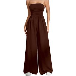 OYOANGLE Women's Strapless Jumpsuits Ruched Wide Leg Tube Romper Vacation Going Out Summer Outfits, Small